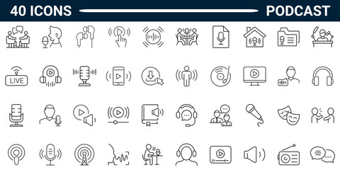 Podcast line icon set. Includes Podcast, Broadcasting, sound, studio, microphone, Microphone, Conversation, and Audiobook. Editable stroke. Vector illustration