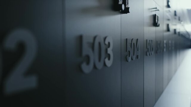 Close-up view of orderly numbered gym lockers in a sleek, modern fitness center locker room conveying organization and minimalism. Modern Gym Lockers in Fitness Center with Metal Combination Locks