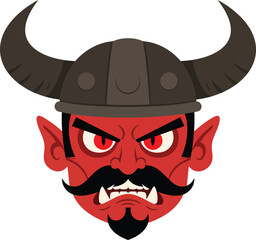 A fierce red-faced mythological creature head, a grim and powerful character wearing a horned helmet with an angry scowl and sharp teeth.