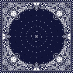 Bandana paisley square ethnic floral hand drawn pattern.Ornament classic vintage vector elements white on navy blue background.Design for scarf,headscarf,kerchief,tablecloth,print fabric,decoration.