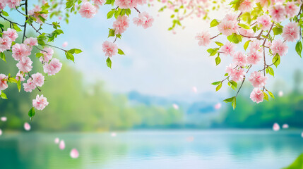 Blossoming cherry trees frame a serene lake during a tranquil spring afternoon in a peaceful park setting