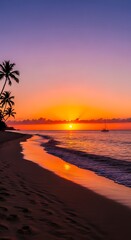 Serene coastal sunrise painting the sky with vibrant hues over tranquil waters and silhouette palm