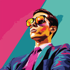 Bold pop art portrait of a confident man in sunglasses and suit with a vibrant background, symbolizing style, power, and modern success.
