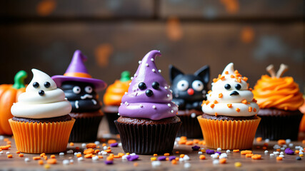 Cute Halloween Cupcakes with Ghost and Witch Decorations