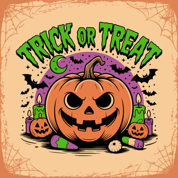 2d vector illustration Halloween t shirt icon design items ghost character Candles in carved pumpkin