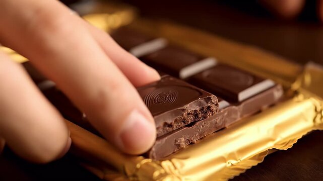 Close-up of a hand breaking off a square from a rich, dark chocolate bar in golden foil, emphasizing indulgence and a sweet, tempting treat.