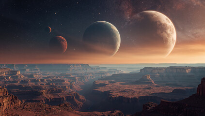 Immense Cosmic Landscape with Colorful Planets Above Canyon