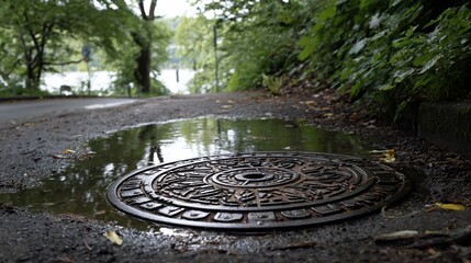 Ornate manhole cover in puddle, foliage lined road in background