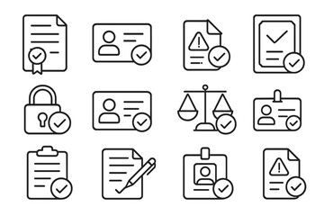 Legal Approval Icons. Line style icons of legal permission approvals: license granted document, active permit, green alert form,
