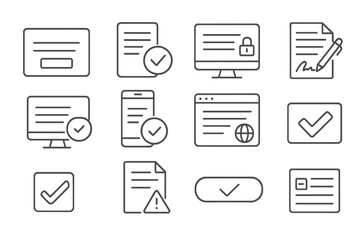 Digital Agreement Icons. Line style icons of digital agreements: user agreement popup, terms of service checkmark, privacy policy