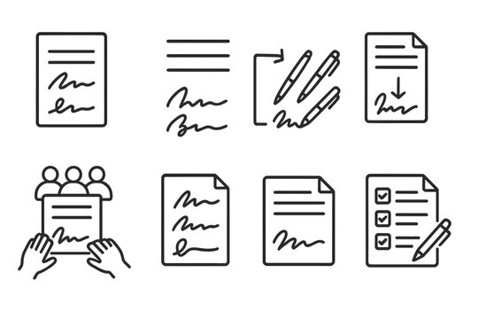 Multi-signature Document Icons. Line style icons of multi-party signatures: two signatures on one page, signature slots icon,