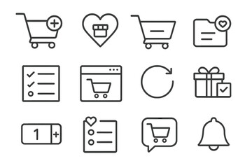 Shopping Icons Collection. Line style icons of cart and wishlist management: add to cart button, heart with product icon, remove