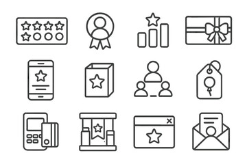 Retail Loyalty Icons. Line style icons of retail loyalty programs: punch card with stars, member badge icon, reward points chart,
