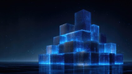 Abstract digital pyramid of glowing cubes on a dark background