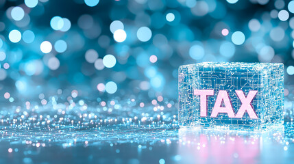 Lighted tax block with digital design amid blue bokeh background during evening