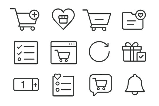 Shopping Icons Collection. Line style icons of cart and wishlist management: add to cart button, heart with product icon, remove