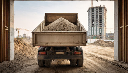 Construction site during sunset with gravel truck unloading near a building under construction