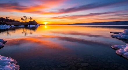 Serene Lake Sunset Reflection with Ice Formations.