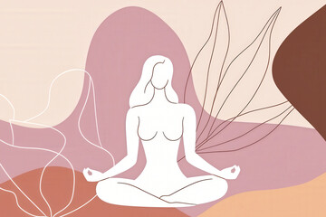 A woman is sitting in a meditation pose, surrounded by abstract shapes and delicate natural elements, exuding calm and tranquility
