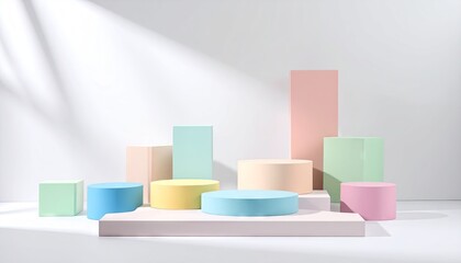 Pastel Cylinders and Blocks on Minimalist Product Display Stage