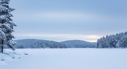 Serene snowy landscape featuring a frozen lake and snow-covered forests under a pale sky