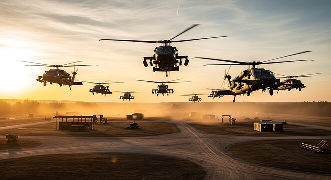 Squadron of military helicopters taking off at sunrise.