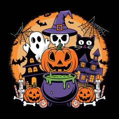 2d vector illustration Halloween t shirt icon design items ghost character Candles in carved pumpkin
