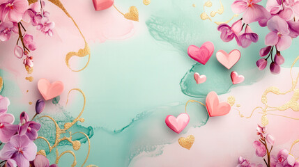 Decorative heart shapes in pink amidst delicate flowers and soft pastel colors create a romantic atmosphere ideal for celebrations