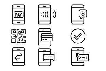 Mobile Payment Icons. Line style icons of mobile transactions: smartphone with pay icon, tap-to-pay screen, wallet app transaction