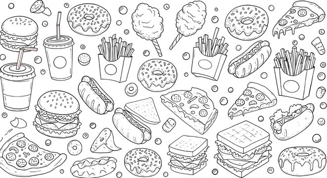 🍔🍕🍩 Fun Food Fiesta: Cartoon Pattern Delight! 🍟🥪