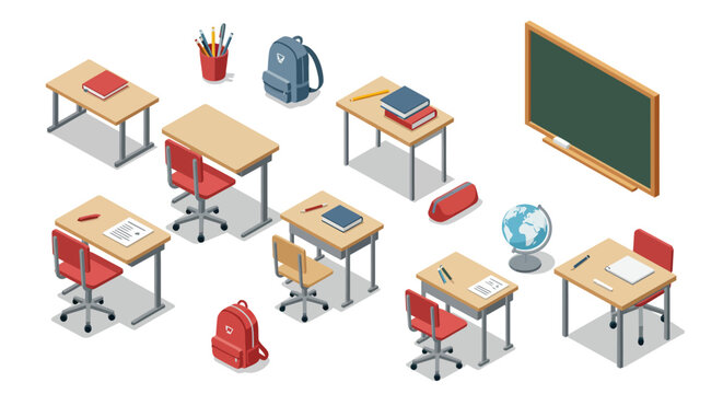 Isometric classroom furniture set: desks, chairs, blackboard, and school supplies