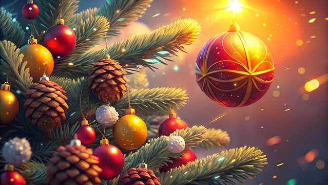 Festive Christmas Tree Adorned with Ornaments and Pinecones Holiday Celebration