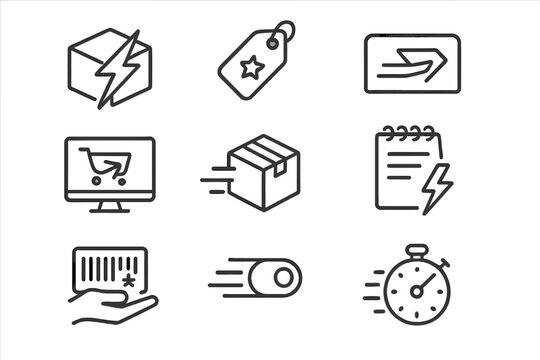 Express Shipping Icons. Line style icons of express orders: lightning fast shipping icon, priority order tag, next-day delivery