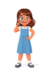 Happy Indian girl looking through a magnifying glass. Cartoon vector illustration.