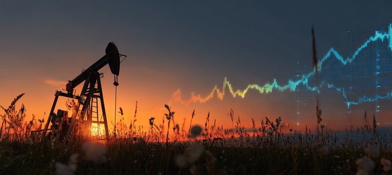 Oil rig at sunset with overlayed stock market graph