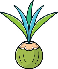 Cartoon illustration of a coconut with vibrant green leaves sprouting from its top.