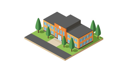 Isometric school building with trees and pathway on white background