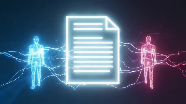 Two floating neon avatars, one glowing blue other radiant red, orbit luminescent, holographic white document dark cyber grid avatar sends energy threads document dynamic data network living neural map