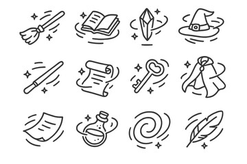Flying Magical Icons. Line style icons of flying magical items: broomstick, levitating book, floating crystal, soaring hat;