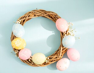 Pastel Easter eggs in a wicker wreath on a light blue background
