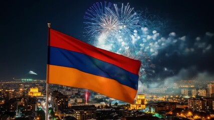 vibrant fireworks illuminate night sky over yerevan cityscape, with armenian flag prominently waving. national pride, celebration and festive atmosphere. holiday background. armenia independence day