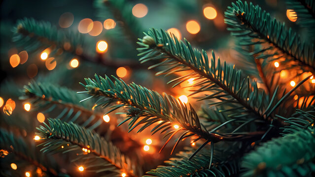 Festive Fir Branches Aglow Christmas Tree Warm Lights Holiday Season Evergreen Branches Celebration Ambience Winter Decor