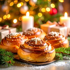 Festive cinnamon rolls with Christmas lights and gifts