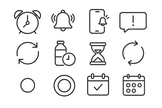 Line Style Reminders. Line style icons of reminder and schedule icons: alarm clock, bell alert, mobile ping, pop-up symbol;