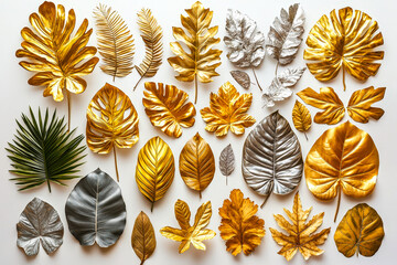 An assortment of vibrant gold and silver leaves is beautifully arranged on a white surface, highlighting diverse shapes and styles