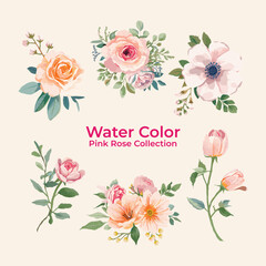 Pink rose watercolor bouquet set, hand-painted floral clipart with leaves, romantic flower vector illustration