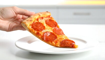 Hand holds a slice of pepperoni pizza on a plate