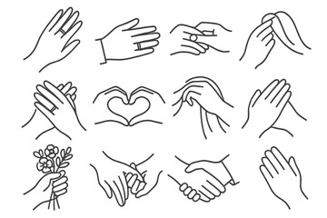 Wedding Rings and Hands. Line style icons of rings and hands: bride's hand with ring, groom hand with band, ring exchange moment,
