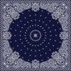 Bandana paisley square ethnic floral hand drawn pattern.Ornament classic vintage vector elements white on navy blue background.Design for scarf,headscarf,kerchief,tablecloth,print fabric,decoration.