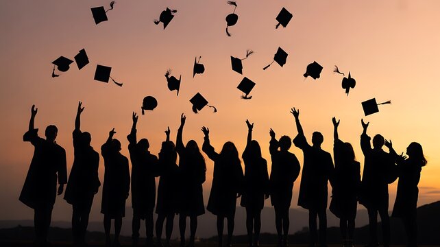 Silhouette of graduating students throwing caps in the air at sunset, celebrating achievement - Powered by Adobe